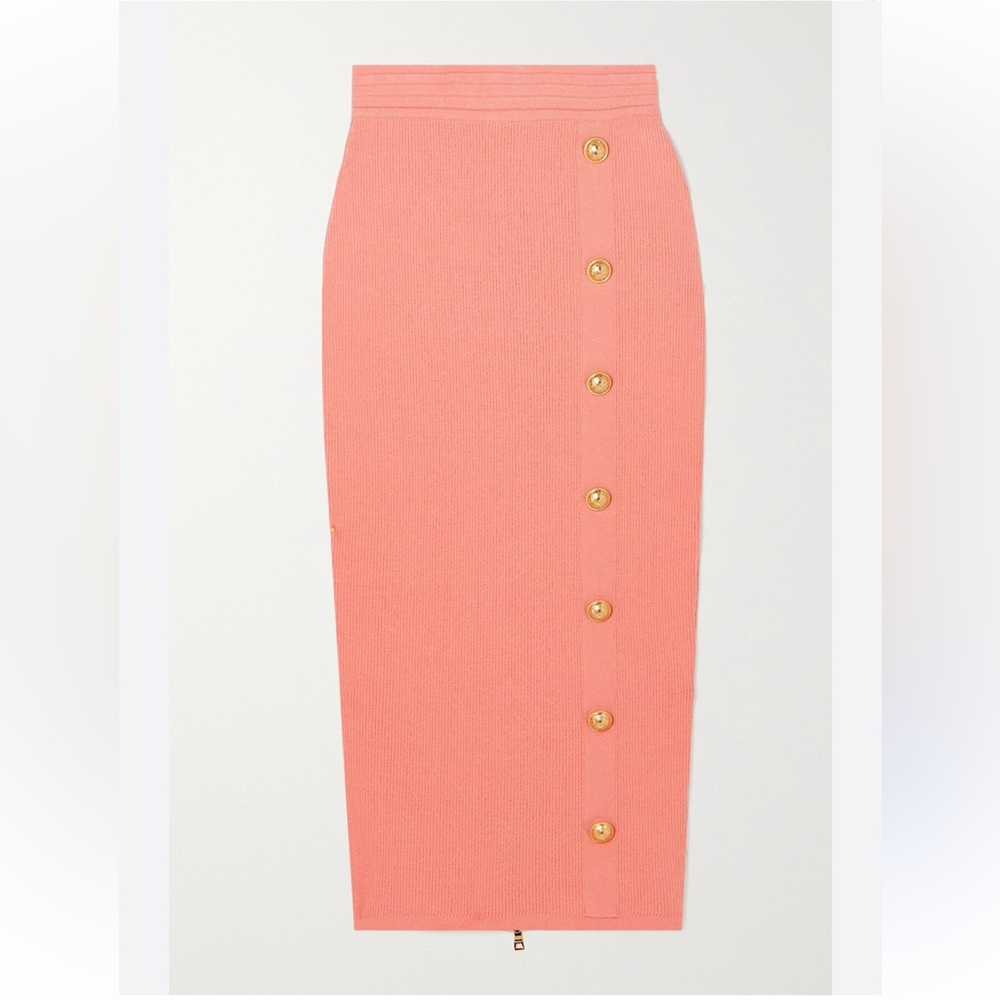Balmain Button-Embellished Coral Midi Skirt